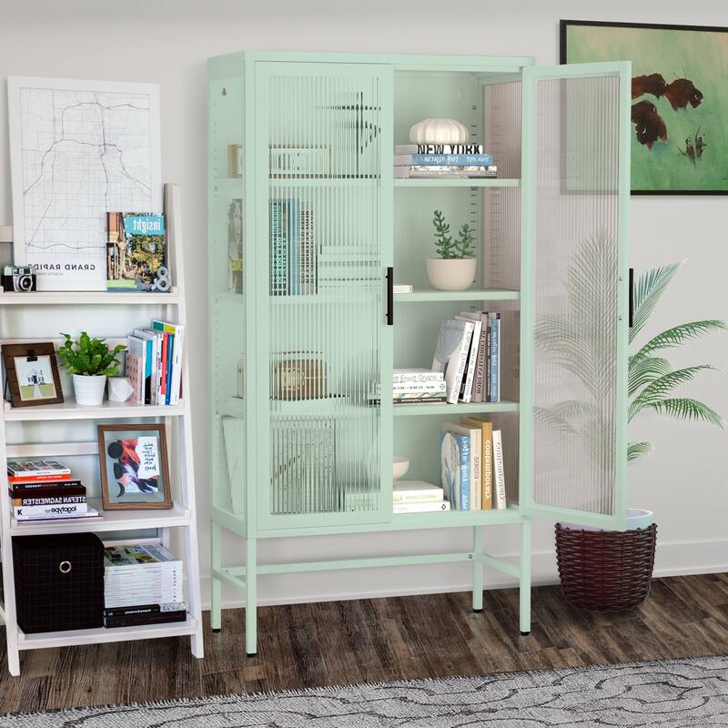 61"tall Double Glass Door Storage with Adjustable Shelves On